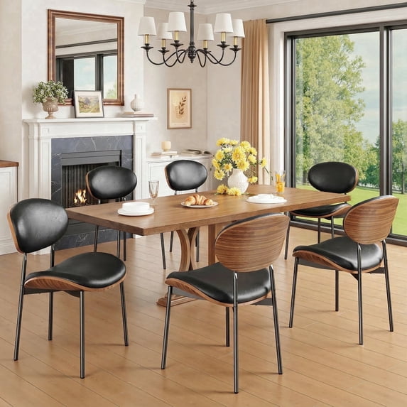 Sailvan Black Dining Chairs Set of 6, Mid Century Leather Dining Chairs For Kitchen, Modern Living Room Chairs With Adjustable Feetpads, Easy Assembly, 300LBS