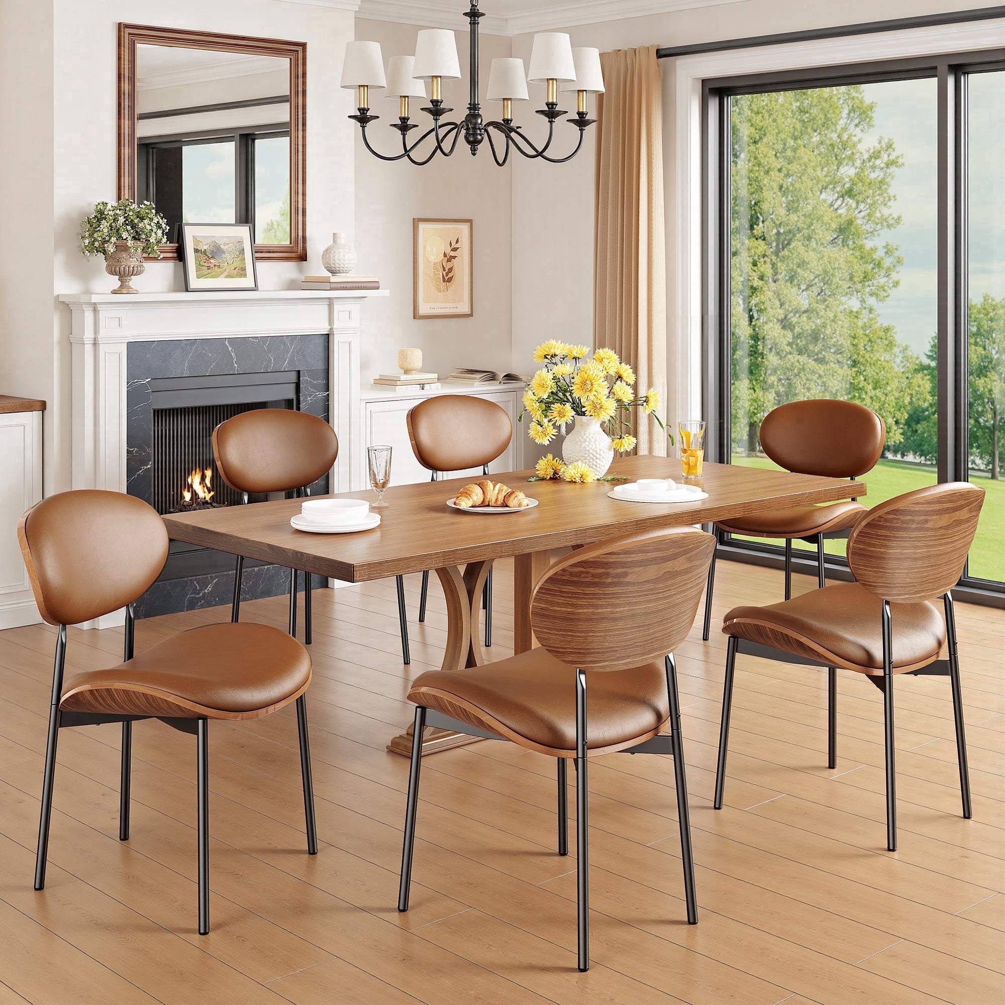Sailvan Brown Dining Chairs Set of 6, Mid Century Leather Dining Chairs For Kitchen, Modern Living Room Chairs With Adjustable Feetpads, Easy Assembly, Khaki, 300LBS