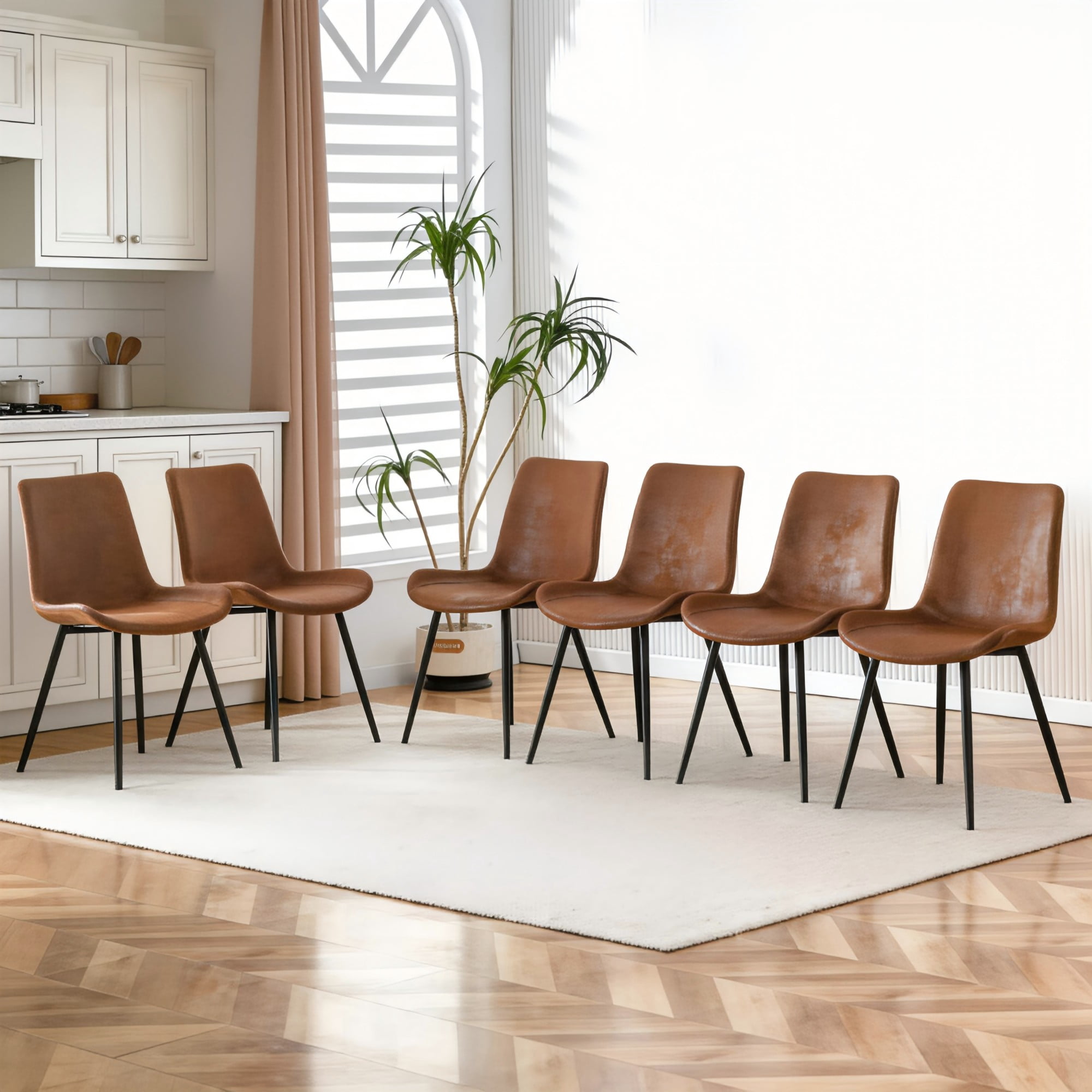 SUDICA Set of 6 Brown Faux Suede Dining Chairs, Upholstered Wide Seat with Black Metal Legs for Dining Room and Kitchen