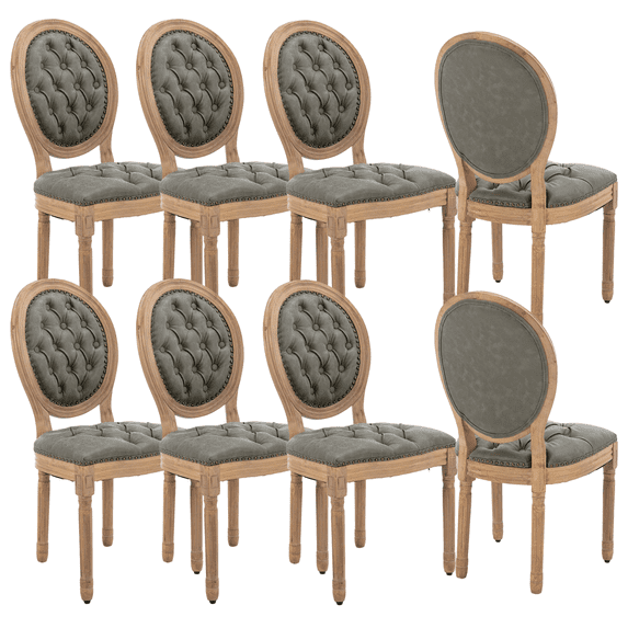 Dining Chairs Set of 8 French Style Nailhead Trim Faux Leather Fabric,Kitchen & Dining Room Chairs with Wood Legs (8 Pieces, Gray)