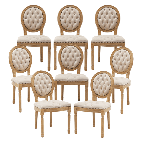 Dining Chairs Set of 8 French Style Nailhead Trim Velvet Fabric,Kitchen & Dining Room Chairs with Wood Legs (8 Pieces, Beige)