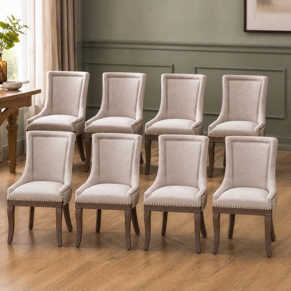 Dining Chairs Set of 8, Kitchen & Dining Room Chairs, Fabric Upholstered Dinning Chairs, Sillas De Comedor, Nailhead Trim, Wood Legs (Beige, 8 Pcs)