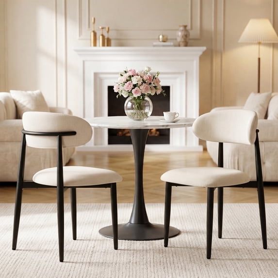 Dining Chairs Set of 2, LEGAHOME Linen Upholstered Kitchen Chairs with Metal Legs, Modern Dining Room Side Chairs Set with Curved Back for Kitchen Living Room, Beige Seat & Black Legs