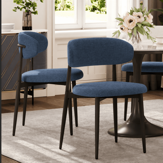 Dining Chairs Sets of 2, LEGHOME Linen Upholstered Kitchen Chairs, Modern Navy Dining Room Chair with Curved Back & Metal Legs, Side Chair for Kitchen Dining Room