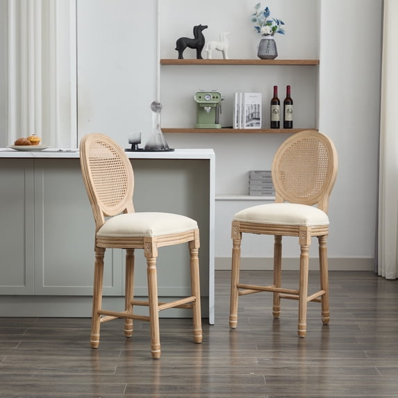 Dining Chairs Solid Wood Bar stools Set of 2 Classic French Country Wooden Barstools with Upholstered Seating Kitchen Bar Stool for Bar Counter Rattan - Beige,Dining Room Seating
