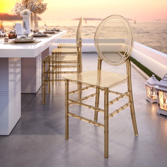 Dining Chairs, Stackable Ghost Style Acrylic Event Chairs, Amber Plastic Seating for Weddings and Banquets, 15.25 W x 19 D x 35.5 H, 265 lbs Weight Capacity, Set of 2