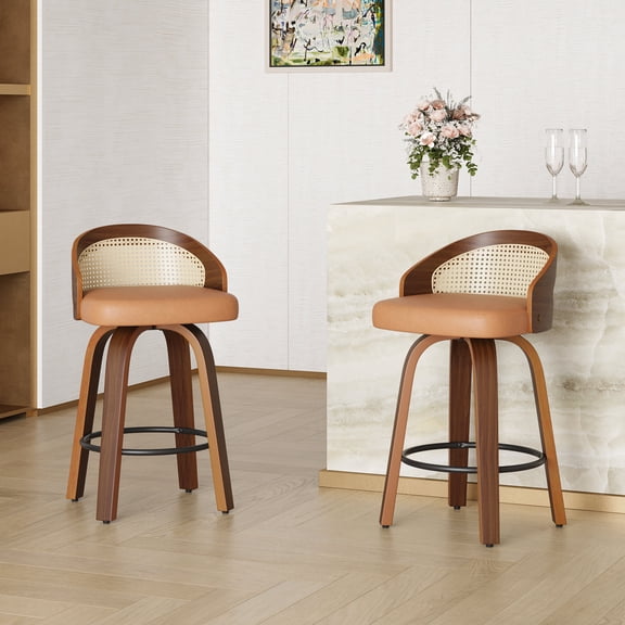 Dining Chairs Swivel Bar Stools Set of 2, Modern Wood Frame with Rattan Back, PU Leather Stool for Kitchen Counter, Mid Century Upholstered Barstools with Footrest,Industrial Counter Height Stools,W
