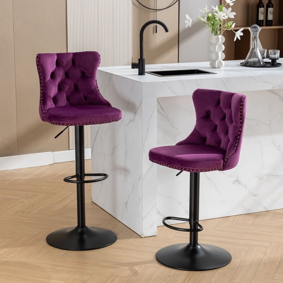 Dining Chairs Swivel Velvet Barstools Adjusatble Seat Height from 25-33 Inch,17.7inch base, Modern Upholstered Bar Stools with Backs Comfortable Tufted for Home Pub and Kitchen Island,Purple,Set of 2