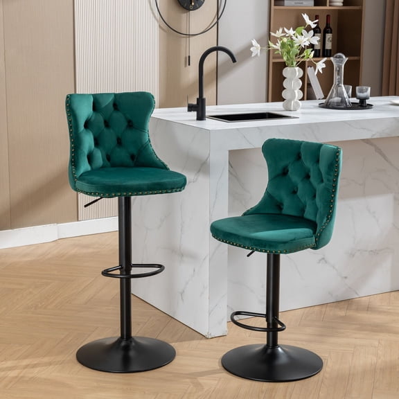 Dining Chairs Swivel Velvet Barstools Adjusatble Seat Height from 25-33 Inch,17.7inch base, Modern Upholstered Bar Stools with Backs Comfortable Tufted for Home Pub and Kitchen Island,Green,Set of 2,