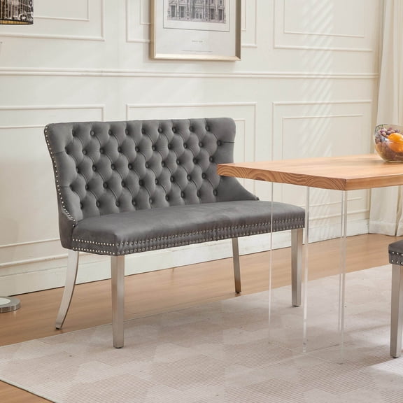 Dining Chairs Velvet Double Dining Loveseat Bench, Kitchen & Dining Seating, 2-Seat Tufted Bench w/Handmade Buttons, Wing Back, Brushed Silver Stainless Steel Legs, Mid Century Modern,Single Pack,Gra