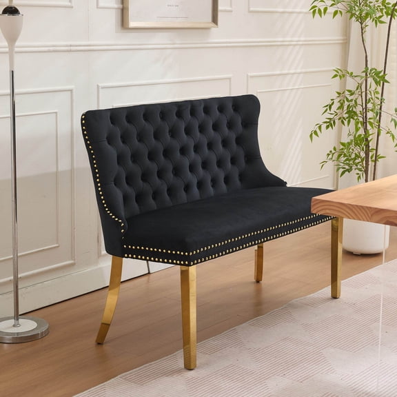Dining Chairs Velvet Double Dining Loveseat Bench, Kitchen & Dining Seating, 2-Seat Tufted Bench w/Handmade Buttons, Wing Back, Gold-Plated Steel Legs, Mid Century Modern,Single Pack,Black,SW1602BK,F