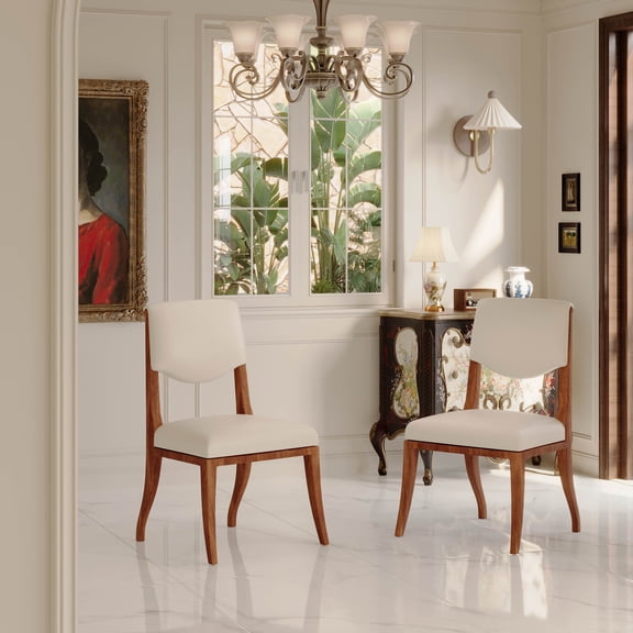 Dining Chairs Walnut Finish Upholstered Dining Chairs Set of 2 - Traditional Elegant Fabric Side Chairs with Curved Lines, Solid Hardwood Frame,Dining Room Seating