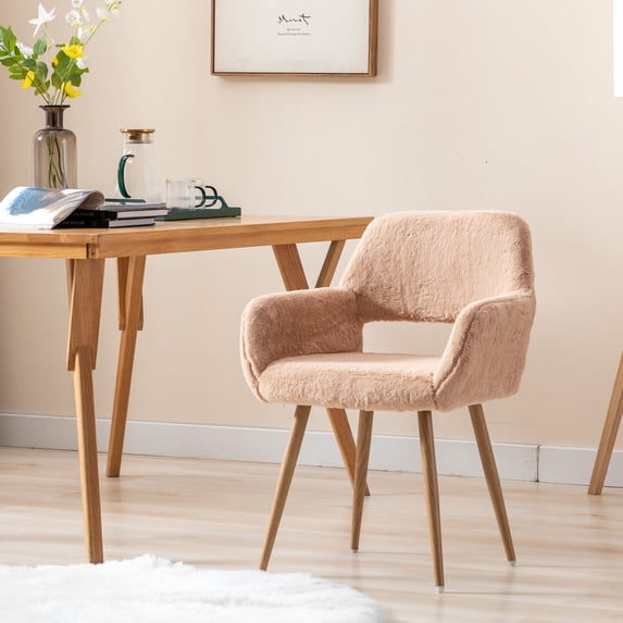Dining Chairs with Faux Fur, Mid Century Side Chairs with Solid Painting Steel Leg for Dining Room, Vanity Chair Desk Chair Small Home Office, Camel