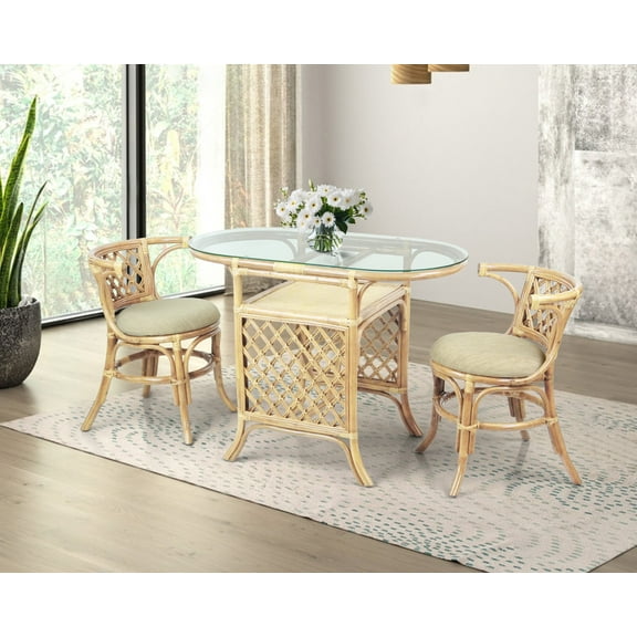 Dining Furniture Borneo Set of 2 Natural Rattan Chairs w/Cream Cushion and Oval Table w/Glass, Natural