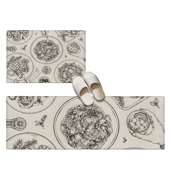 Dining Gathering 2 Pieces Non-Slip Kitchen Mat Set, Vintage Spaghetti Plate Grilled Steak Country Soft Door Mat with Rubber Backing, Dirtproof Rugs for Entrance Doorway, 23.6x35.4in+23.6x70.9in
