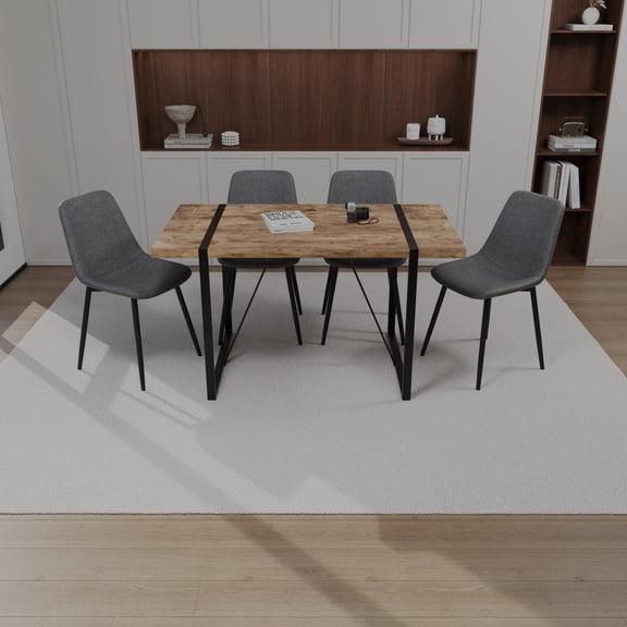 Dining And Kitchen Sets 55" MDF dark wood dining table and modern dining chair 4-piece set, medieval wooden kitchen dining table set, rectangular metal base, dining table and suede chair,Dining Furni