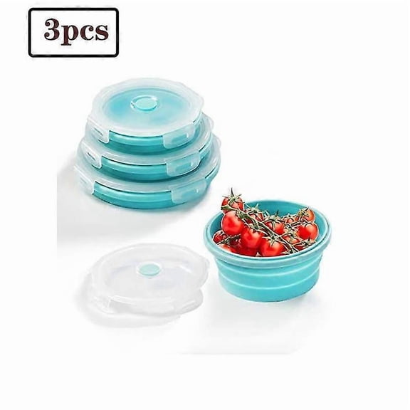 3 Pcs Round Silicone Collapsible Containers, Collapsible Food Storage Boxes Silicone Lunch Boxes For Microwave, Fridge, Blue,3536