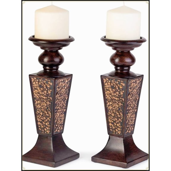 Dining/Living Room Brown Crackled Mosaic Pillar Candle Holder Set of 2- Functional Table Decorations and Wedding Gift Centerpieces
