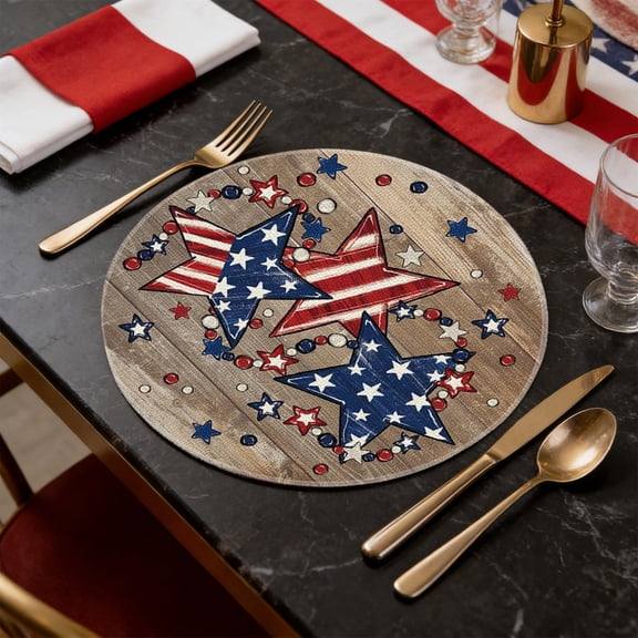 Dining Mats, Durable Heatproof Washable Round Patriotic Placemats For Independence Day Party Arrangement And Home Table Styling, Holiday Linens