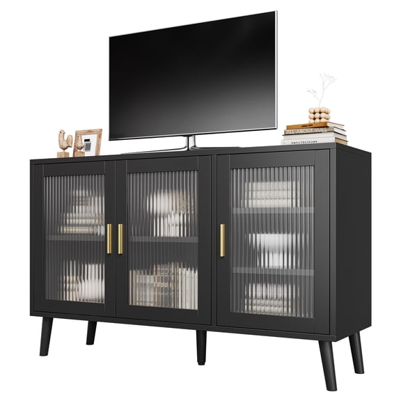 Dining Room Buffet Cabinet with Glass Doors - Modern 48" Coffee Bar Station, 3 Fluted Doors & Adjustable Shelves for Hallway, Living Room