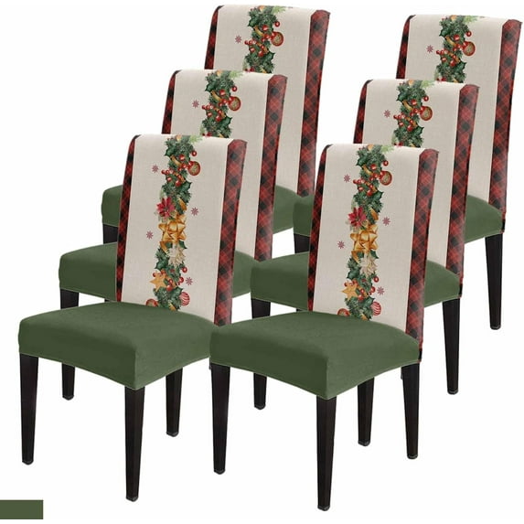 Dining Room Chair Covers, Christmas Ball Poinsettia Snowflakes Pine Cone Leaf Berry Red Black Plaid Vintage Winter Stretch Parsons Chair Slipcovers Removable Kitchen Chair Protector Cover, Set of 6