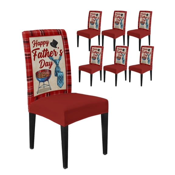Dining Room Chair Covers Happy Father's Day Stretch Slipcovers Set of 6, Barbecue Hat Cliff Red Plaid Removable Washable Chair Seat Protecter for Kitchen Hotel Wedding Party