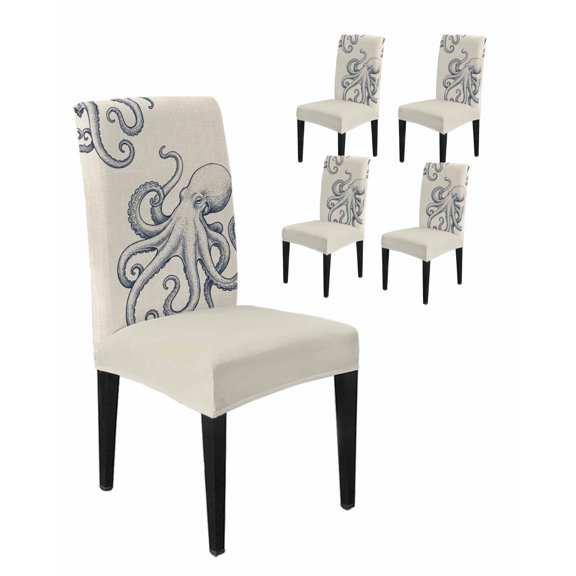 Dining Room Chair Covers Marine Octopus Sea Monster Stretch Slipcovers Set of 4, Farmhouse Ocean Life on Linen Removable Washable Chair Seat Protecter for Kitchen Hotel Wedding Party