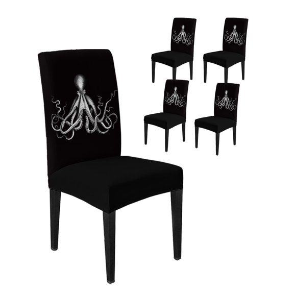 Dining Room Chair Covers Ocean Octopus Marine Life Stretch Slipcovers Set of 4, Huge Monster on Black Removable Washable Chair Seat Protecter for Kitchen Hotel Wedding Party