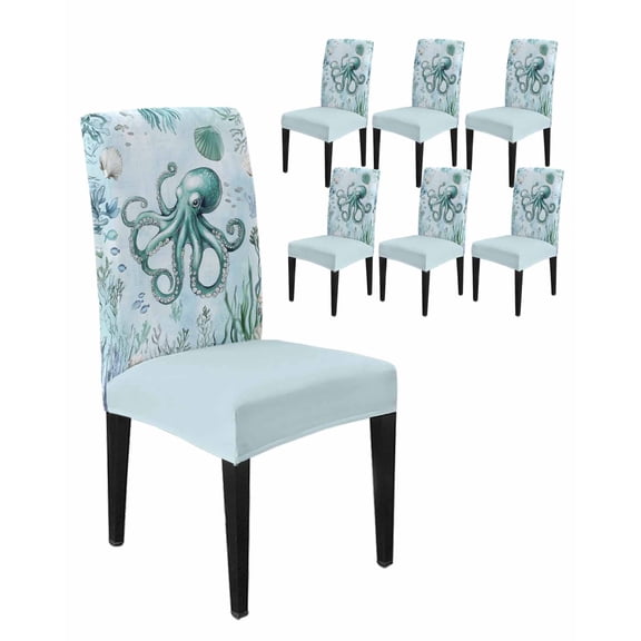 Dining Room Chair Covers Ocean Octopus Shell Seaweed Stretch Slipcovers Set of 6, Sea Monster Underwater World Removable Washable Chair Seat Protecter for Kitchen Hotel Wedding Party