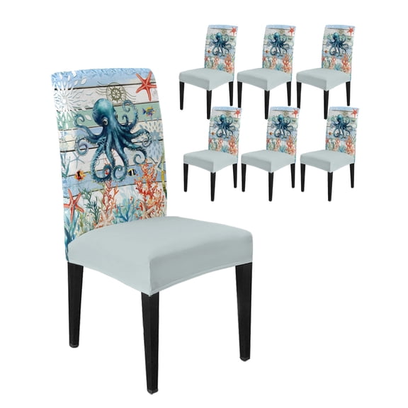 Dining Room Chair Covers Ocean Octopus Starfish Coral Stretch Slipcovers Set of 6, Water Monster Blue Wood Board Removable Washable Chair Seat Protecter for Kitchen Hotel Wedding Party