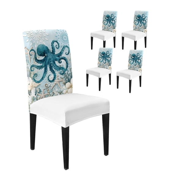 Dining Room Chair Covers Octopus Sea Starfish Anchor Stretch Slipcovers Set of 4, Monster Marine Life Blue Gradient Removable Washable Chair Seat Protecter for Kitchen Hotel Wedding Party