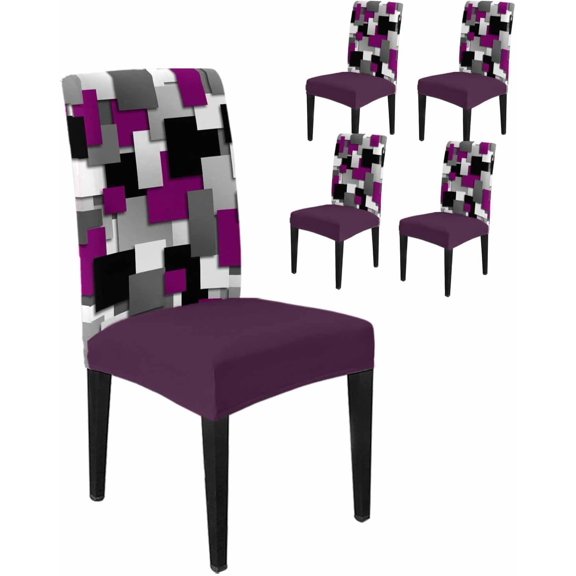 Dining Room Chair Covers Purple Gray Black Grid Lattice Stretch Slipcovers Set of 4, Geometric Square Texture Removable Washable Chair Seat Protecter for Kitchen Hotel Wedding Party