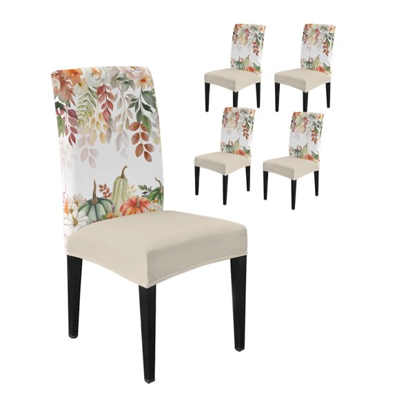 Dining Room Chair Covers Set of 4, Autumn Leaves Thanksgiving Pumpkin Stretch Spandex Parsons Chair Slipcovers, Classical Flower Watercolor Gradient Washable Seat Cover Protector for Kitchen Party