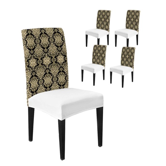 Dining Room Chair Covers Set of 4, Classical Damask Stretch Spandex Parsons Chair Slipcovers, Retro Boho Vintage Black Gold Floral Washable Removable Seat Cover Protector for Kitchen Party Hotel