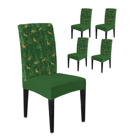 Dining Room Chair Covers Set of 4, Reindeer Christmas Tree on Green Stretch Spandex Parsons Chair Slipcovers, Winter Snowman Watercolor Washable Removable Seat Cover Protector for Kitchen Party