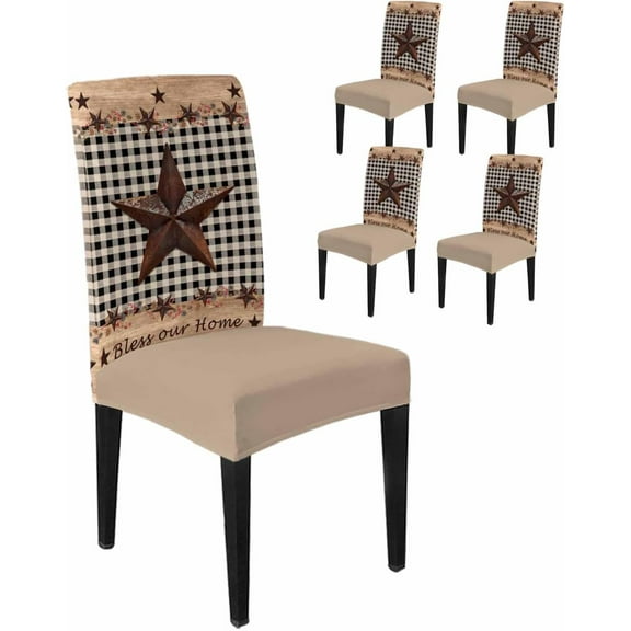 Dining Room Chair Covers Set of 4, Rustic Western Star Black Plaid Stretch Kitchen Chair Cover, Bless Our Home Quote Removable Washable Chair Slipcovers for Hotel,Home,Party,Banquet