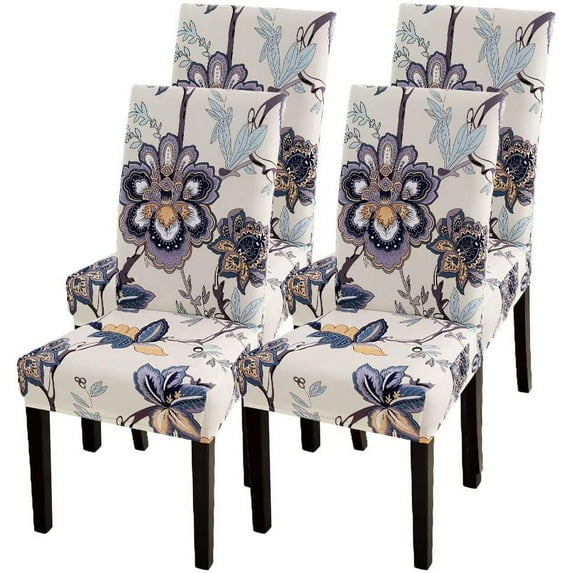 Dining Room Chair Covers Set of 4, Stretch Printed Floral Parsons Chair Slipcovers Spandex Removable Washable Kitchen Chair Protector Cover for Dining Room, Hotel, Ceremony (Beige+Flower)