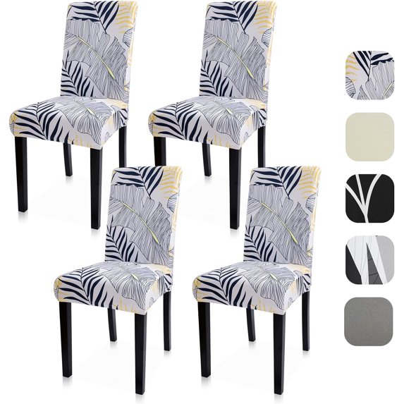 Dining Room Chair Covers Set of 4, Stretch Spandex Kitchen Chair Covers, Removable Parsons Chair Protectors for Home Decorations, Hotel, Estaurant, Leaf White