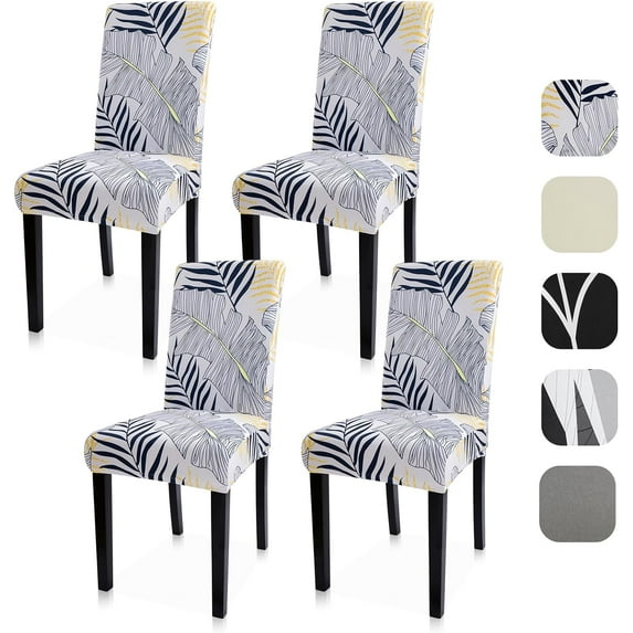 Dining Room Chair Covers Set of 4, Stretch Spandex Kitchen Chair Covers, Removable Parsons Chair Protectors for Home Decorations, Hotel, Estaurant, Leaf White