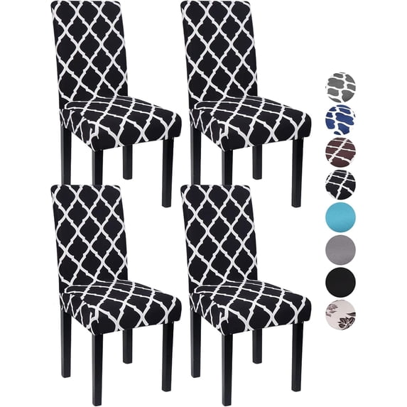 Dining Room Chair Covers Set of 4, Washable Kitchen Seat Protector, Removable Printed Stretchable Parsons Chair Slipcover for Room, Office, Hotel, Ceremony(03# Black)