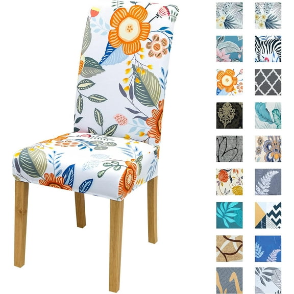 Dining Room Chair Covers Set of 6,Orange Flowers and Leaves Chair Slipcovers Polyester Washable Chair Covers Protector for Hotel Living Room Kitchen (Enjoy Life,6 Pack)