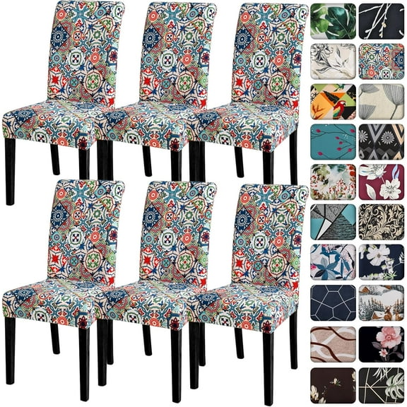 Dining Room Chair Covers Set of 6,Printed Pattern Parsons Chair Slipcovers Removable Washable Kitchen Seat Dining Chairs Protector Cover for Home or Party