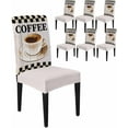 thumbnail image 1 of Dining Room Chair Covers Set of 6, Retro Coffee Teacup Wood Grain Stretch Kitchen Chair Cover, Text on Black White Plaid Removable Washable Chair Slipcovers for Hotel,Home,Party,Banquet, 1 of 6