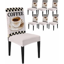Dining Room Chair Covers Set of 6, Retro Coffee Teacup Wood Grain Stretch Kitchen Chair Cover, Text on Black White Plaid Removable Washable Chair Slipcovers for Hotel,Home,Party,Banquet
