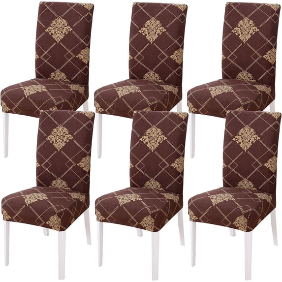 Dining Room Chair Covers Set of 6, Stretch Parsons Chair Slipcovers Removable Washable Spandex Printed Chair Seat Protector Cover for Hotel, Office, Ceremony, Banquet, Wedding Party (Brown/Gold)