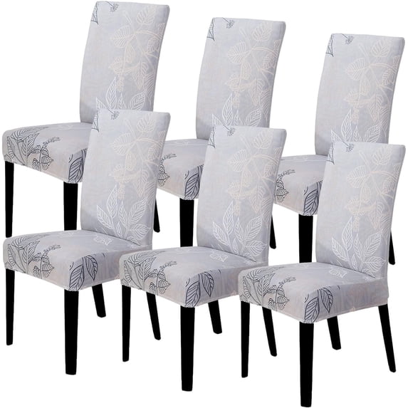 Dining Room Chair Covers Set of 6, Stretch Parsons Chair Slipcovers Removable Washable Spandex Printed Chair Seat Protector Cover for Hotel, Office, Ceremony, Banquet, Wedding Party (Leaves Grey)