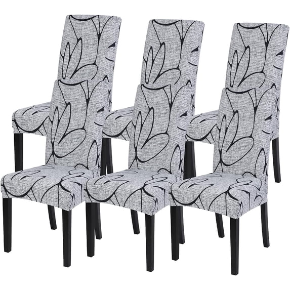 Dining Room Chair Covers Set of 6, Stretch Printed Parsons Chair Slipcovers Spandex Removable Washable Kitchen Chair Protector Cover for Dining Room, Hotel, Ceremony (Grey Lotus+White Texture)