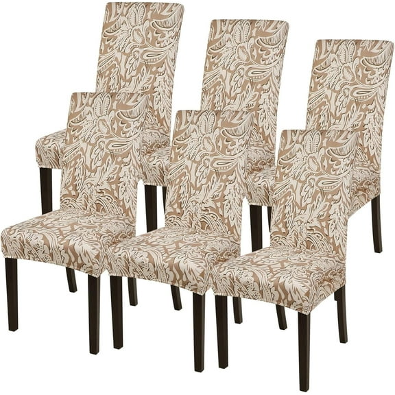 Dining Room Chair Covers Slipcovers Set of 6, Spandex Super Fit Stretch Removable Washable Kitchen Parsons Chair Covers Protector for Dining Room,Hotel,Ceremony,Brown+Flowers