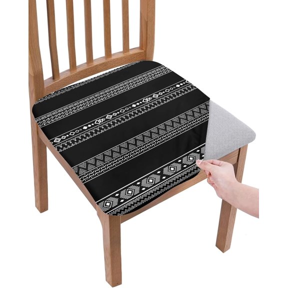 Dining Room Chair Seat Covers, Bohemian Stripe Geometric Pattern Boho Black Removable Stretch Chair Seat Cushion Slipcovers Protector for Holiday Party Festival Decoration, Set of 4