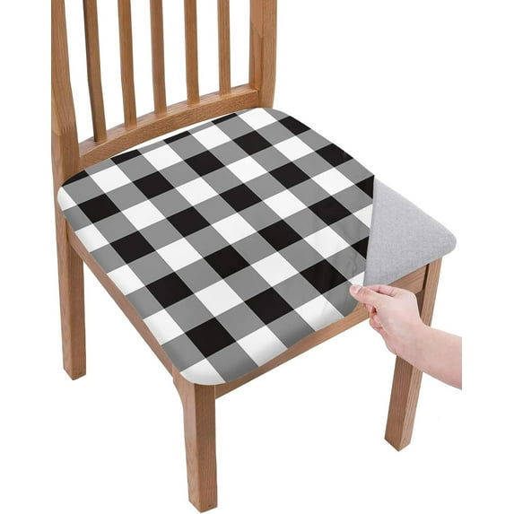 Dining Room Chair Seat Covers, Classic Black and White Plaid Buffalo Check Christmas Decor Removable Stretch Chair Seat Cushion Slipcovers Protector for Holiday Party Festival Decoration, Set of 6